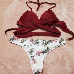 Burgundy and floral bikini swim set size medium